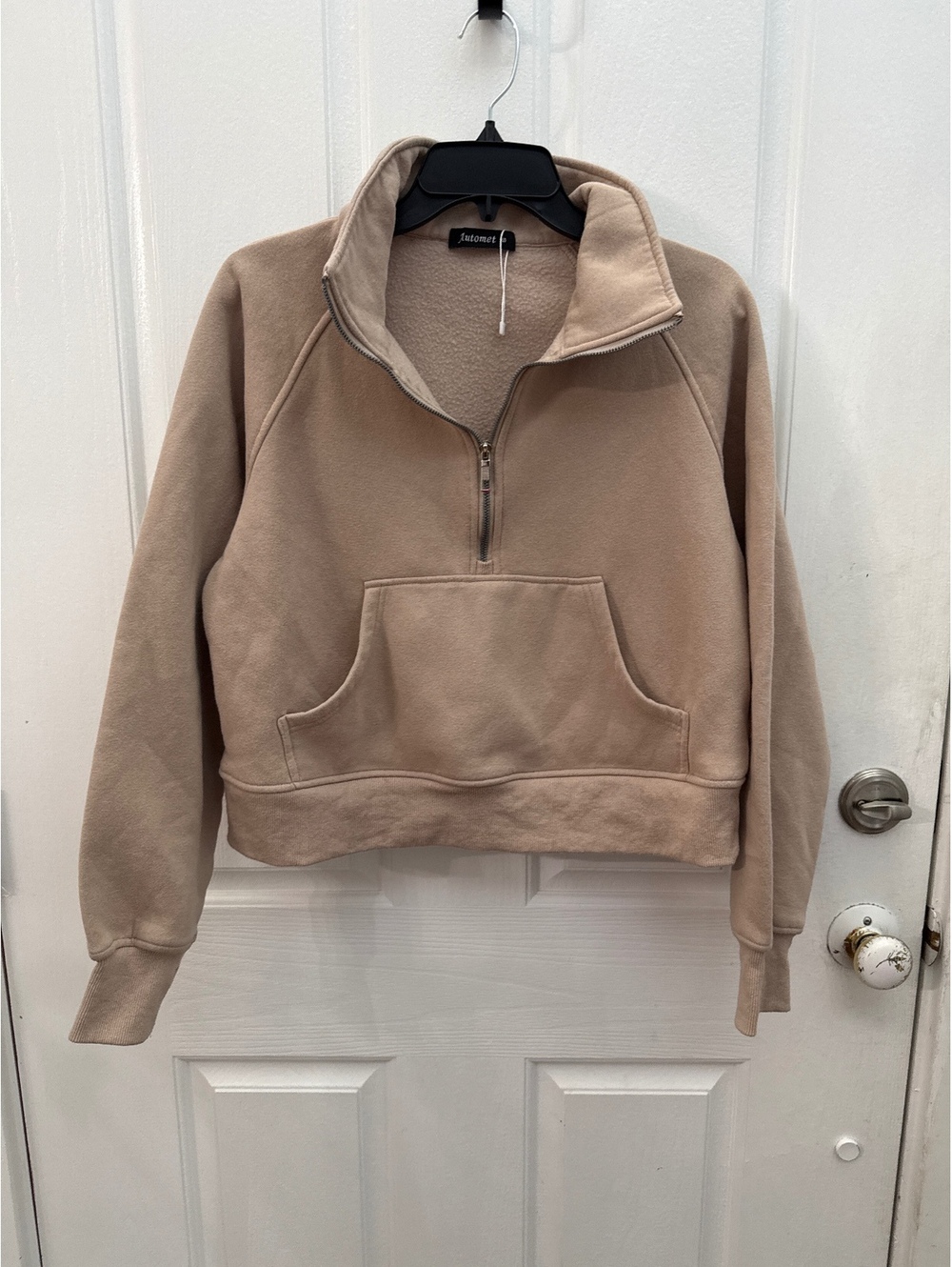Beige Women's Quarter-Zip Pullover Sweatshirt with Fleece Interior and Kangaroo
